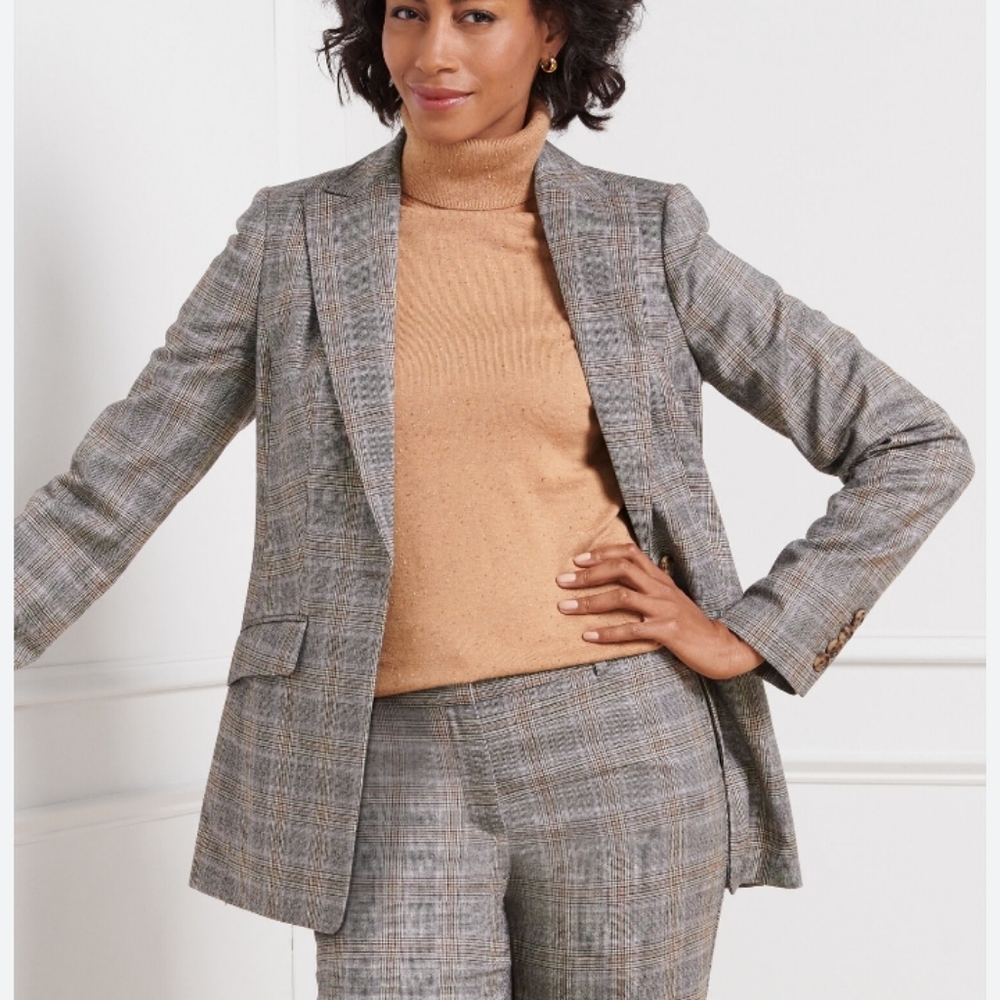 Talbots Countyside Plaid Long Blazer Wool Grey Tan 16
